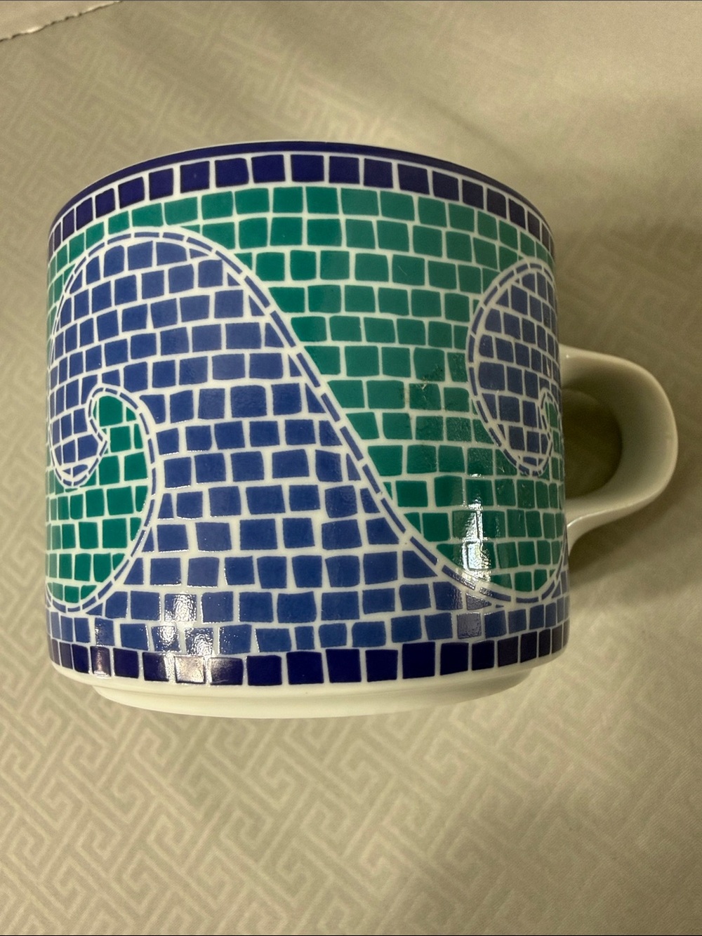 Vtg Dansk Mosaic Wave Ceramic Coffee Mug Cup Blue & Green Tile Pattern Portugal